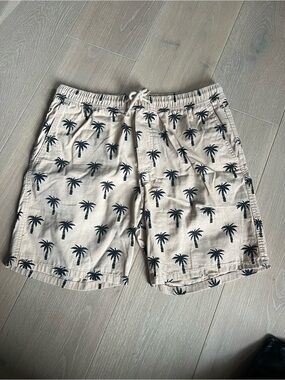H&M Beige Swim Trunks with Black Palm Print